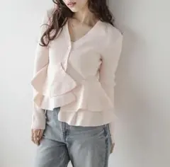 AMELY イレギュラーヘム ペプラムVネック リブニット カーディガン ピンク