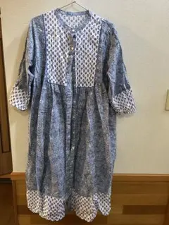 インド綿　プリントワンピース　未使用品　Lサイズ　ブルー系　長袖