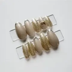 現品ネイルチップりぼんガラスフレンチ綺麗めラメちゅるんキラキラ上品アーモンド
