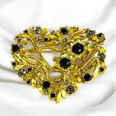 ハート型 ヴィンテージブローチ 黒ストーン　ペンダント