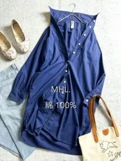 【MHL.】綿100% 2wayレギュラーカラーロングシャツワンピース ブルー