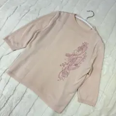 サマーニット❣️ピンク 花柄刺繍 五分袖ニット✨️Mサイズ✨️