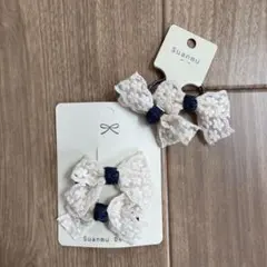 デニムレースリボンヘアピン 2個 ヘアゴム2個 セット