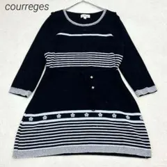 クレージュ ニットワンピース　L 紺　日本製 ボーダー　花柄　平成レトロ ロゴのサムネイル