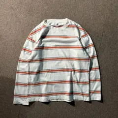 UNIQLO メンズM ボーダー カットソー クルーネック ロンT 白 オレンジ