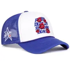 ラロパ系　リップ刺繍トラッカーキャップ 青白 メッシュ Y2K