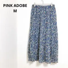 ピンクアドべ 花柄 プリーツロングスカートブルー系 ボタニカル 春夏 M