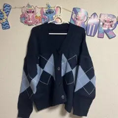 ネイビー 水色 ダイヤモンド柄 カーディガン