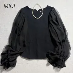 MICI/シアースリーブブラウス/ボリューム袖/異素材/切替/ネイビー/Fのサムネイル