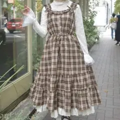 コットンレース使チェックワンピース ブラウン axes femme