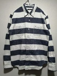VINTAGE EL 白/紺 ストライプ ボタン 長袖シャツ 40サイズ