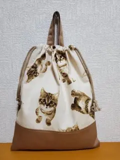 持ち手付き巾着袋 上靴入れ お道具袋 かわいいねこちゃん 薄茶
