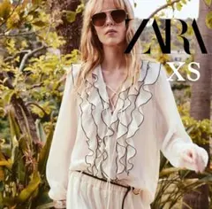 新品＊ZARA　フリルトリム付き　セミシースルーブラウス　XS　ザラ