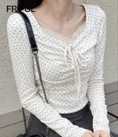 SHEIN シーイン ドット レース リボン トップス ホワイト