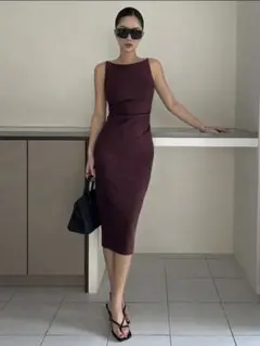 SHEIN DAZY ウエストギャザー スリムフィットロングワンピース ブラウン