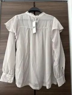 GU ジーユー シアー ストライプ フリル ブラウス 長袖 L ライトグレー