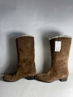 ブラウン スエード ファー付き ロングブーツ