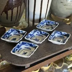 P-9 豆小鉢 5点 角小鉢 菱形 山水 染付 醤油皿 和食器 骨董 小皿