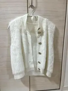 レディース　シャギーニット カーディガン ファーベスト