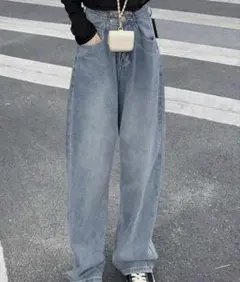 ハイウエスト ワイドデニムパンツ ライトブルー