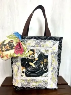 トートバッグ　パネル生地チワワＤレース　フワフワチャーム