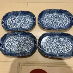 青白い模様の楕円形皿4枚セット　美濃焼き