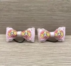 犬のイラスト付きピンクリボンヘアゴム2個セット