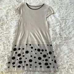 【Voie lactee】ドット柄 半袖ニットワンピース 膝丈　ベージュM〜L