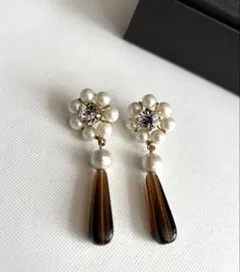 最終値下げ！☆パール＆ブラウンストーンフラワーピアス☆