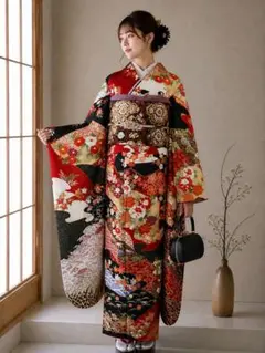 正絹 振袖 帯セット 古典柄 黒 赤 金鶴松梅菊流水 豪華 成人式 前撮り結婚式