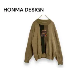 【ホンマ　デザイン】ニット　セーター　長袖　刺繍　クルーネック　ブラウン　M