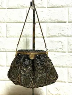 希少　貴重　美品　ビーズバッグ　がま口　和装　着物　和装小物　黒　ゴールド　金