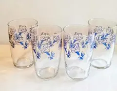 昭和レトロ 青い花模様と三ツ矢サイダーガラスコップ