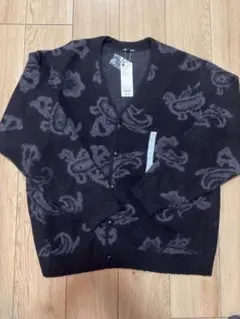 新品タグ付GU/ブラッシーニットVネックカーディガン(ペイズリー)ブラックXL