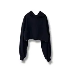 イートミー　ショート丈パーカー　黒　フリー　ロゴ　長袖　コットン　無地　フード