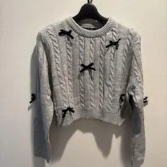 SHEIN リボン付き ケーブルニット グレーセーター