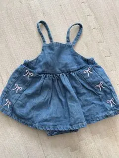 デニムブルー リボン刺繍ロンパース