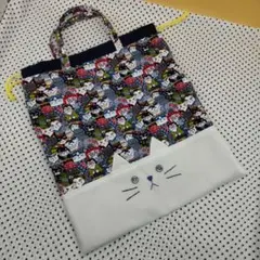 持ち手つき巾着袋①　猫柄　ハンドメイド