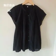 《無印良品》涼しい楊柳生地　　黒のVネック　フレンチスリーブ　ブラウス　 XL