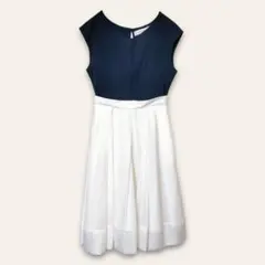 【ラグナムーン】切り替えフレアワンピース　フレンチスリーブ　紺/白　M　清楚系