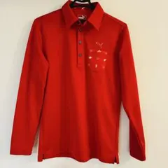 PUMA プーマ 長袖ポロシャツ 赤×白 ストレッチ 宇宙柄胸ポケット メンズ