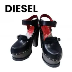 土日限定値下げ❗️DIESEL レザー ウッドチャンキーヒール ブラック スタッズ