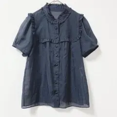 jasmine 半袖ブラウス　シアー　フリル　シャドーストライプ　オフィス
