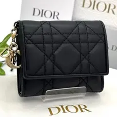 【新品同様】Dior レディディオール カナージュ 三つ折り財布 ラムスキン 黒
