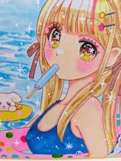 オリジナル手描きイラスト原画「プールでアイス」