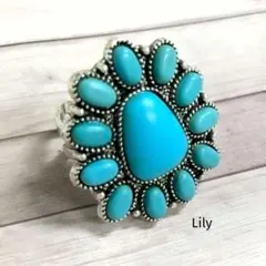 男女兼用✨ ターコイズ 青 リング 指輪 ボヘミアン インディアン トルコ石 花