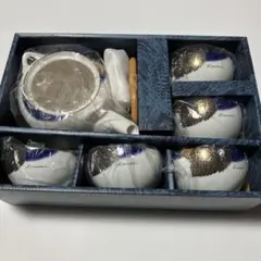 Kansai 茶器セット 5客 土瓶付き ブルーに金縁金色の葉模様 湯呑み5人用