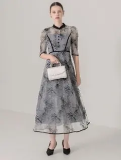 パイピングハイネック花柄ラメレースワンピースドレス結婚式パーティー二次会成人式