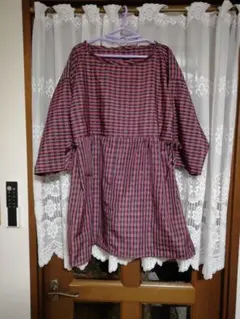 着物リメイクトップス(正絹紬チェック柄 五分袖チュニック)