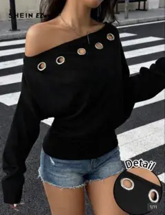 SHEIN EZwear ブラックオフショルダー ニット JP-XL(M)